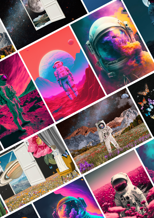 30 Pcs Cosmic Astronaut & Space Wall Kit featuring galaxy posters, celestial wall art, and space exploration décor for bedroom, dorm room, and sci-fi enthusiasts.